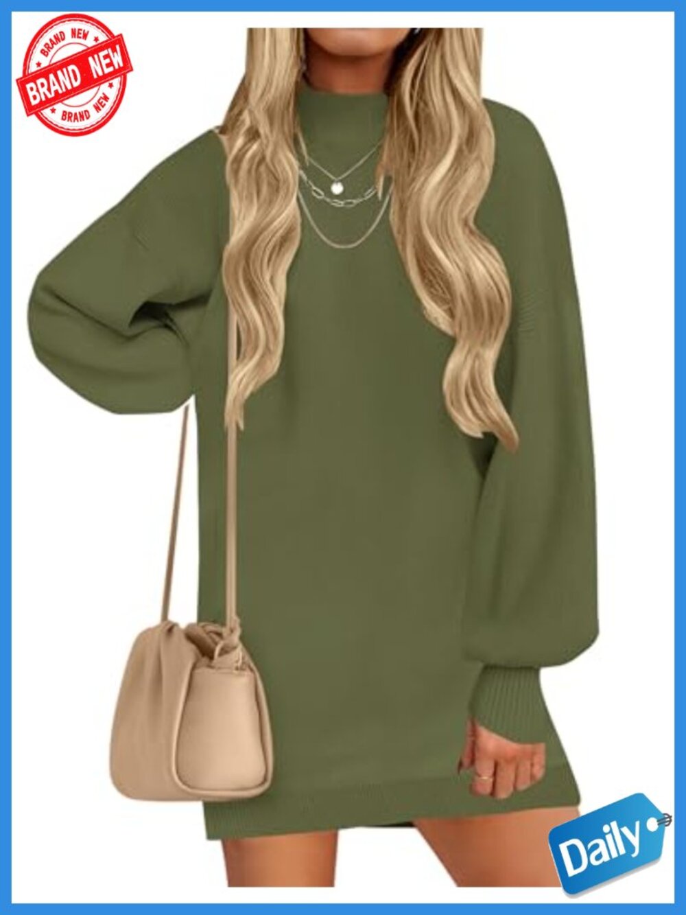 Oversized Knit Mini Sweater Dress with Lantern Sleeves, Turtleneck, Maternity